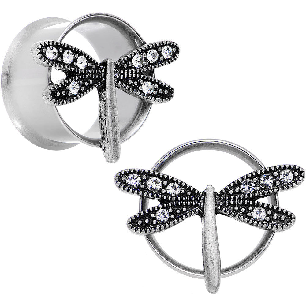 BodyCandy 18mm Clear Gem Steel Hi Sky Dragonfly Double Flare Tunnel Plug Set — main product shot