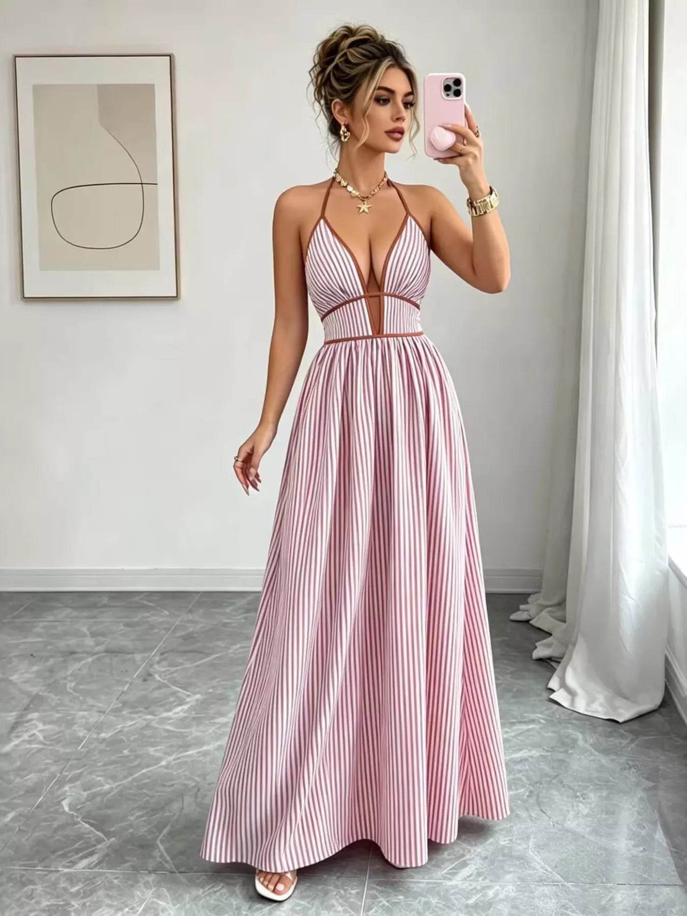 Striped Halter Neck Maxi Dress