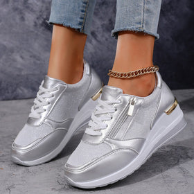 Metallic Lace-Up Side Zipper Thick-Sole Sneakers – 3 Colors EU 37–44