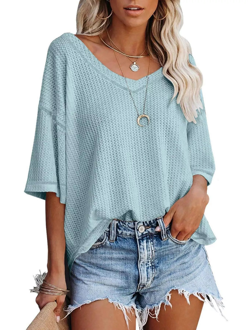 Waffle Knit V-Neck Short Sleeve T-Shirt