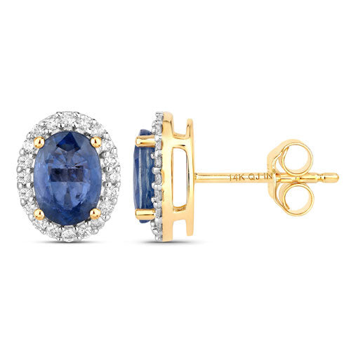 2.16 Carat Genuine Blue Sapphire and White Diamond 14K Yellow Gold Earrings