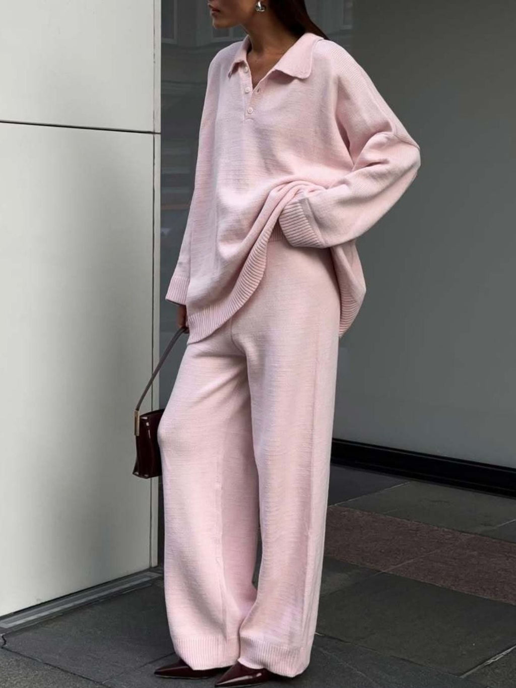 Polo Collar Top and Wide Leg Pants Knit Set
