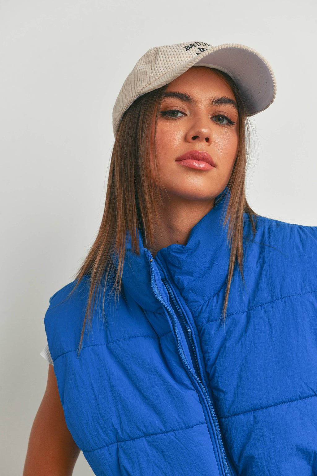 Pretty Little Patriot Pretty Little Patriot Royal Blue Crop Puffer Vest — detail shot 6