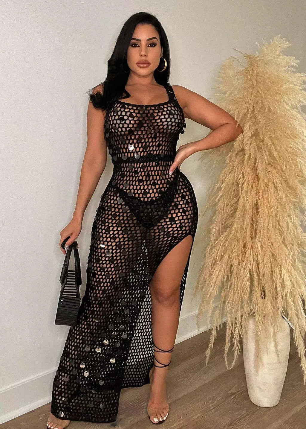 Sequin Embellished Crochet Maxi Dress with High Slit