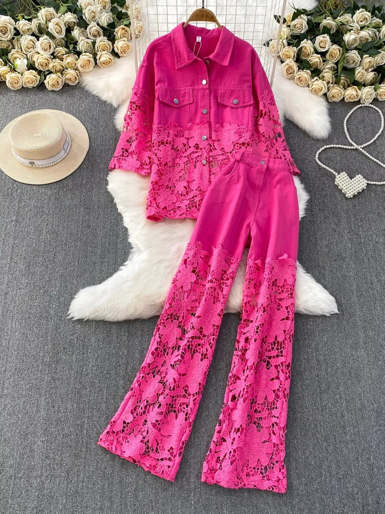 Lace Patchwork Shacket and Pants Set
