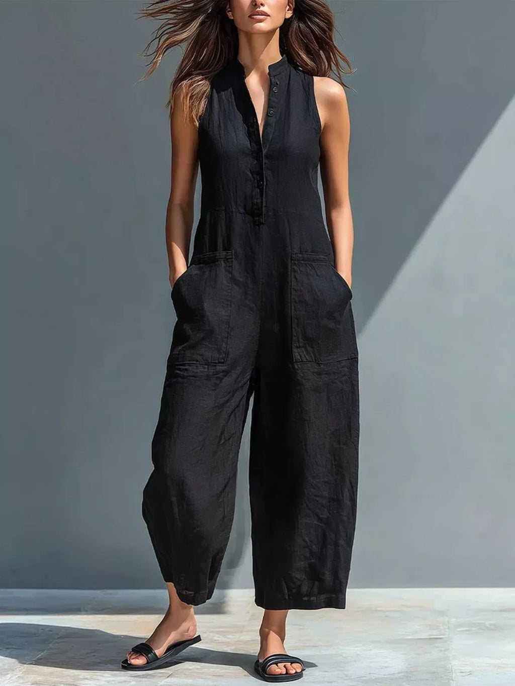 Full Size Button Front Sleeveless Jumpsuit Plus Size