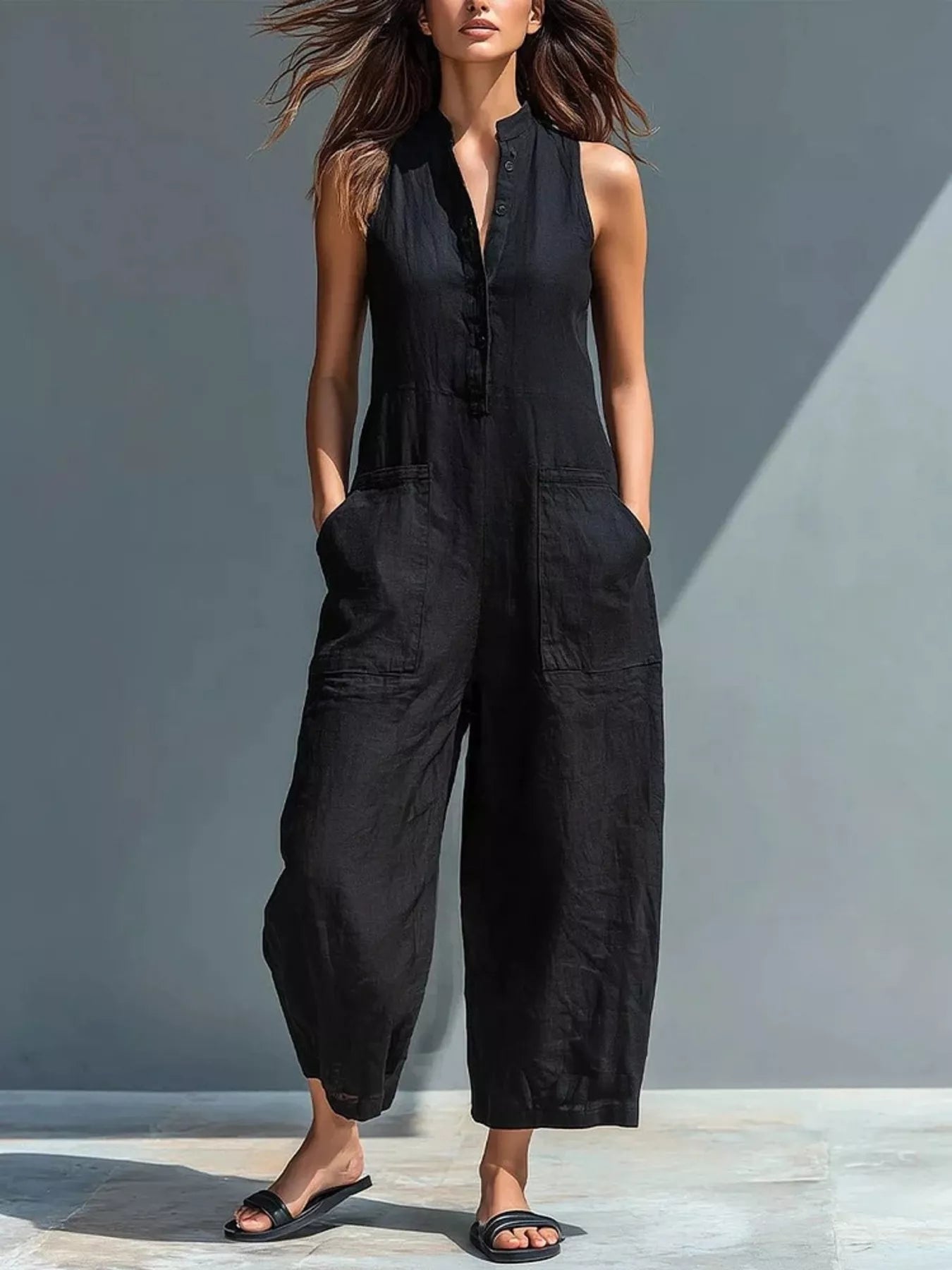 Full Size Button Front Sleeveless Jumpsuit Plus Size