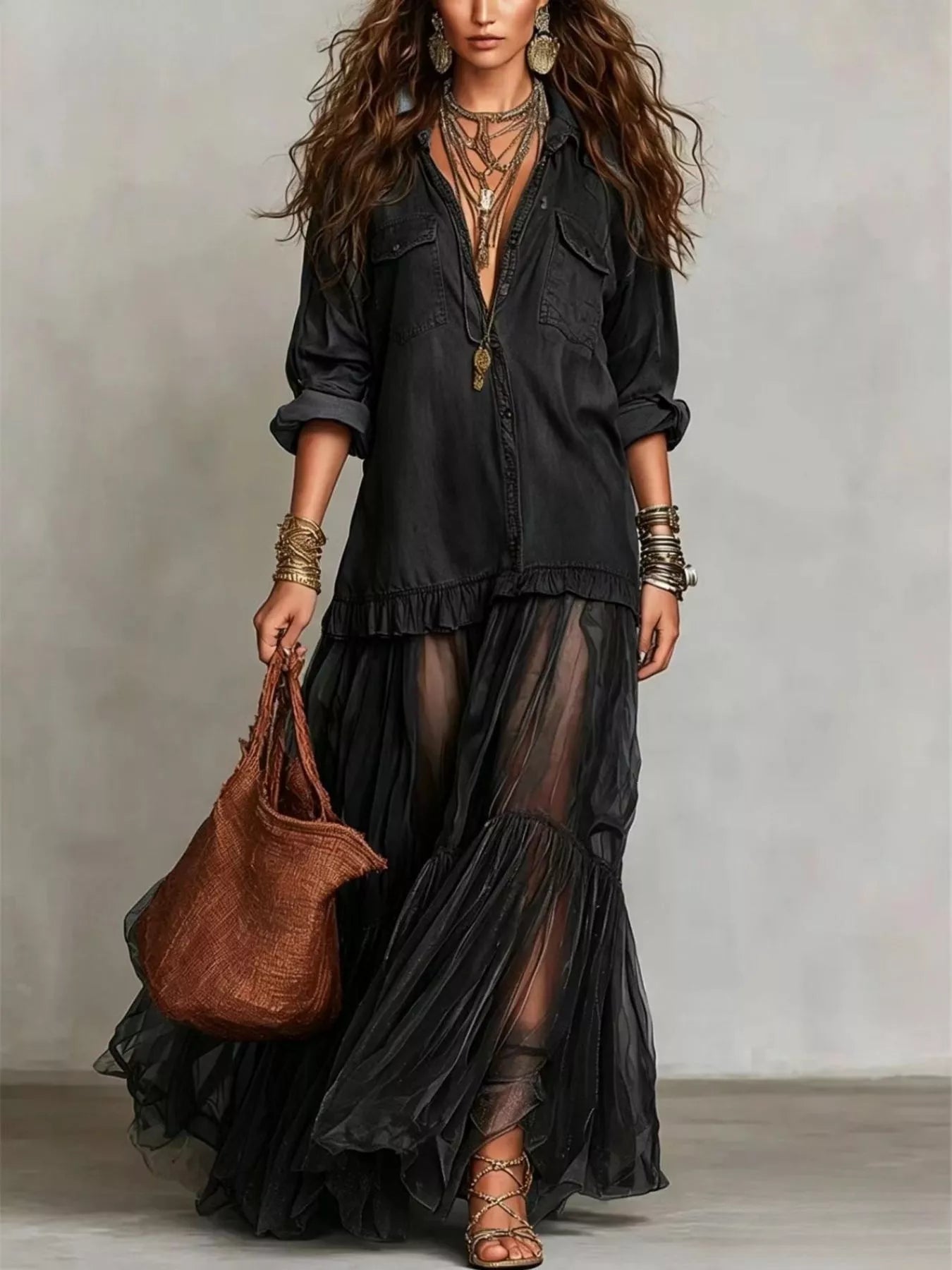 Long Sleeve Sheer Ruffle Maxi Dress
