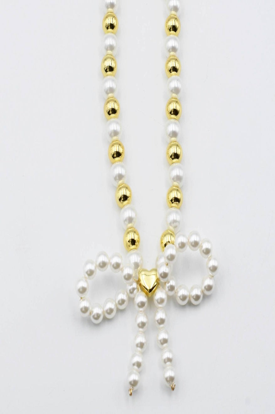 Pretty Little Patriot Pretty Little Patriot Audrey Bow gold and pearl necklace -clearance — gold detail