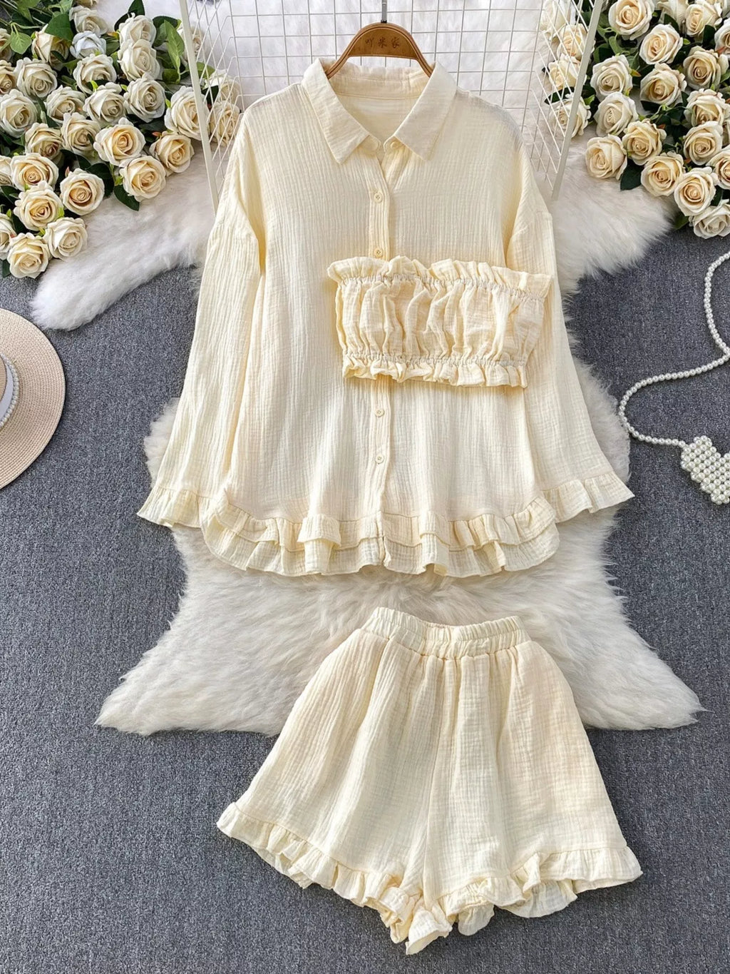 Tube Top & Long Sleeve Shirt & Shorts 3 Piece Set
