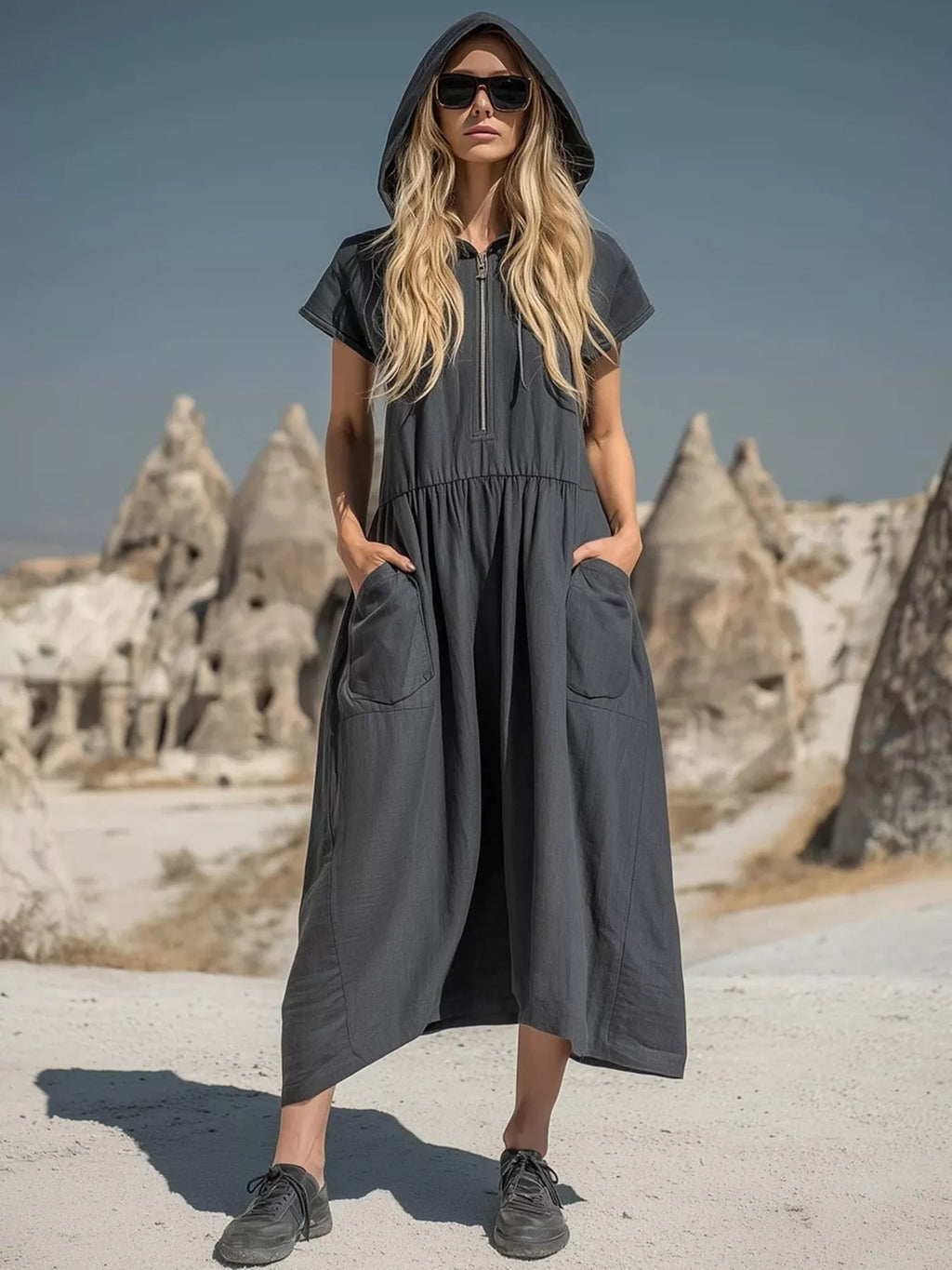 Full Size Hooded Midi Dress with Zipper and Pockets Plus Size