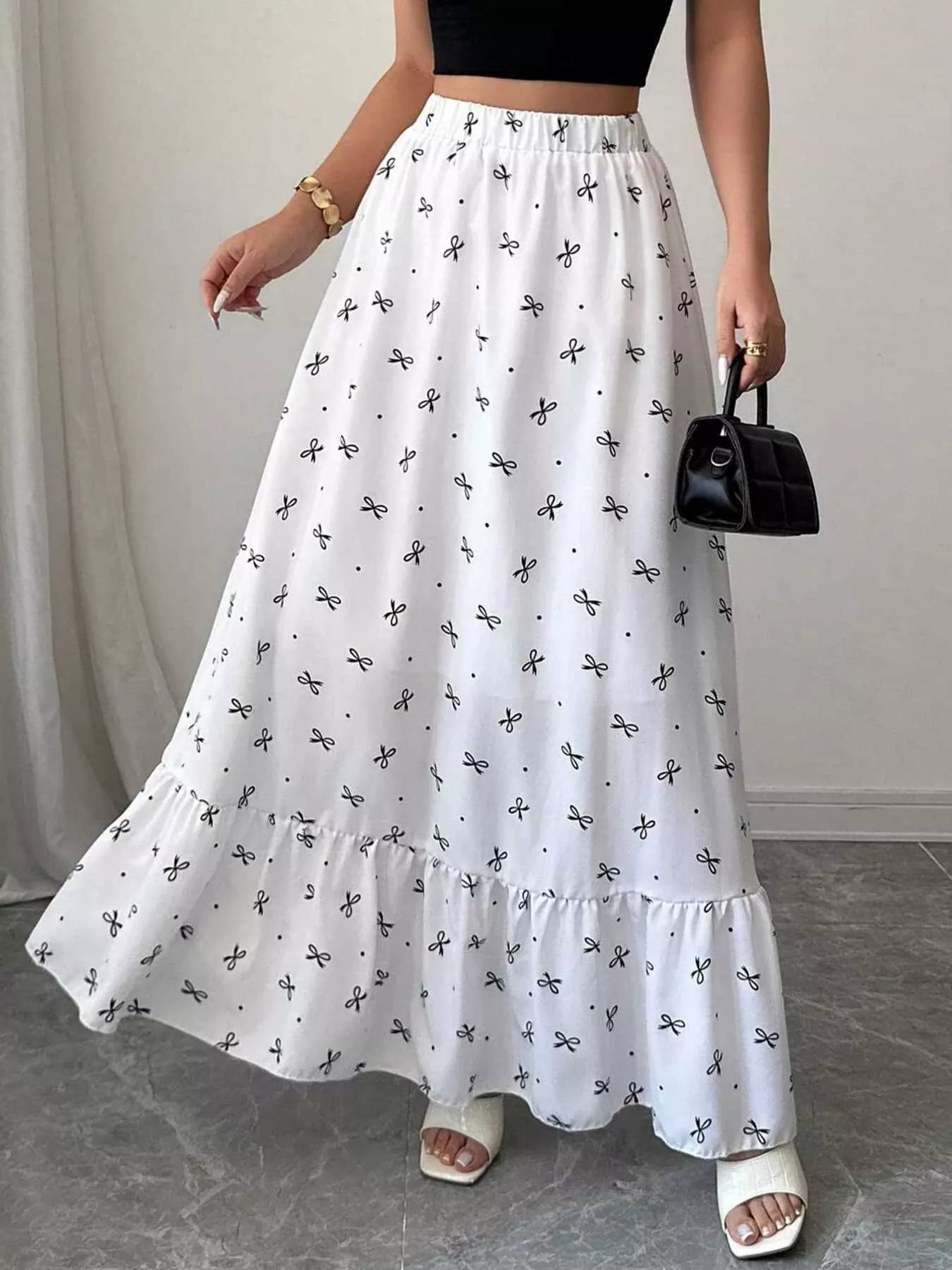 Bowknot Print Ruffle Hem Maxi Skirt