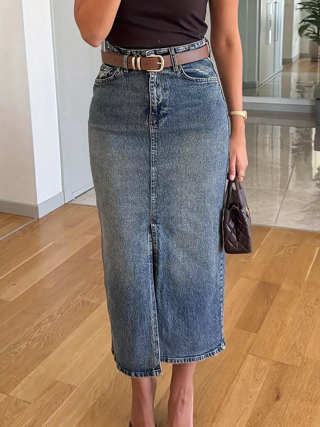 Slit Front Denim Skirt