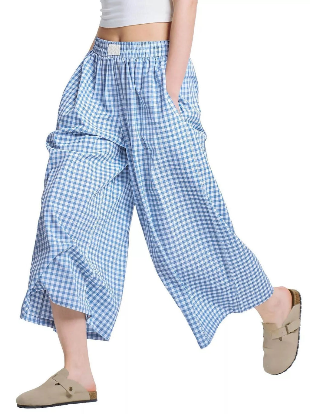 Gingham Wide-Leg Cropped Pants