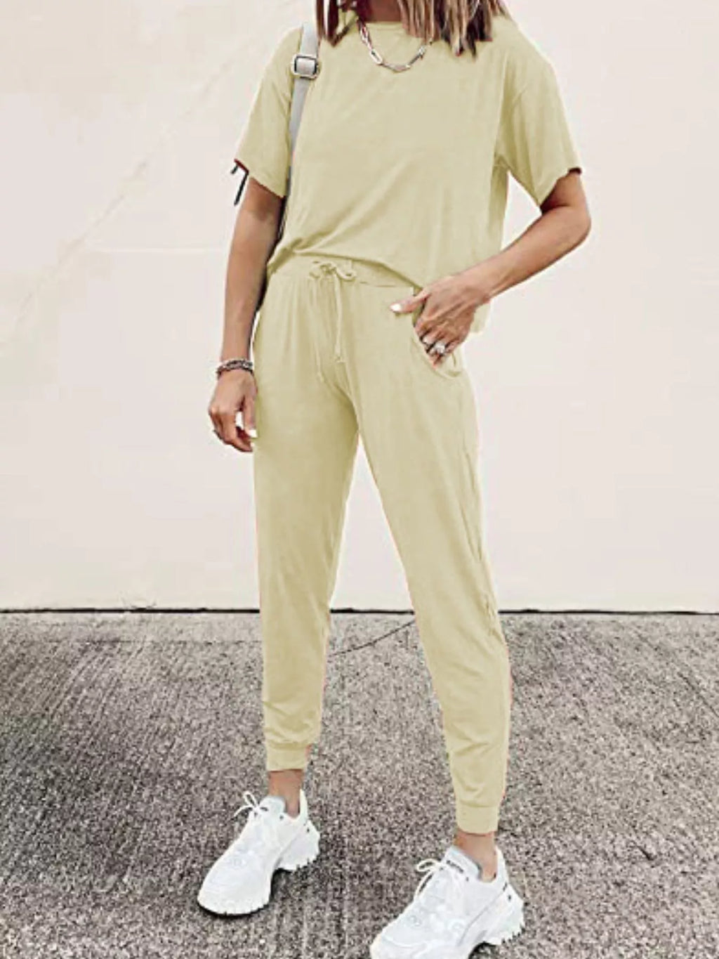 Full Size Round Neck Top and Drawstring Pants Set Plus Size