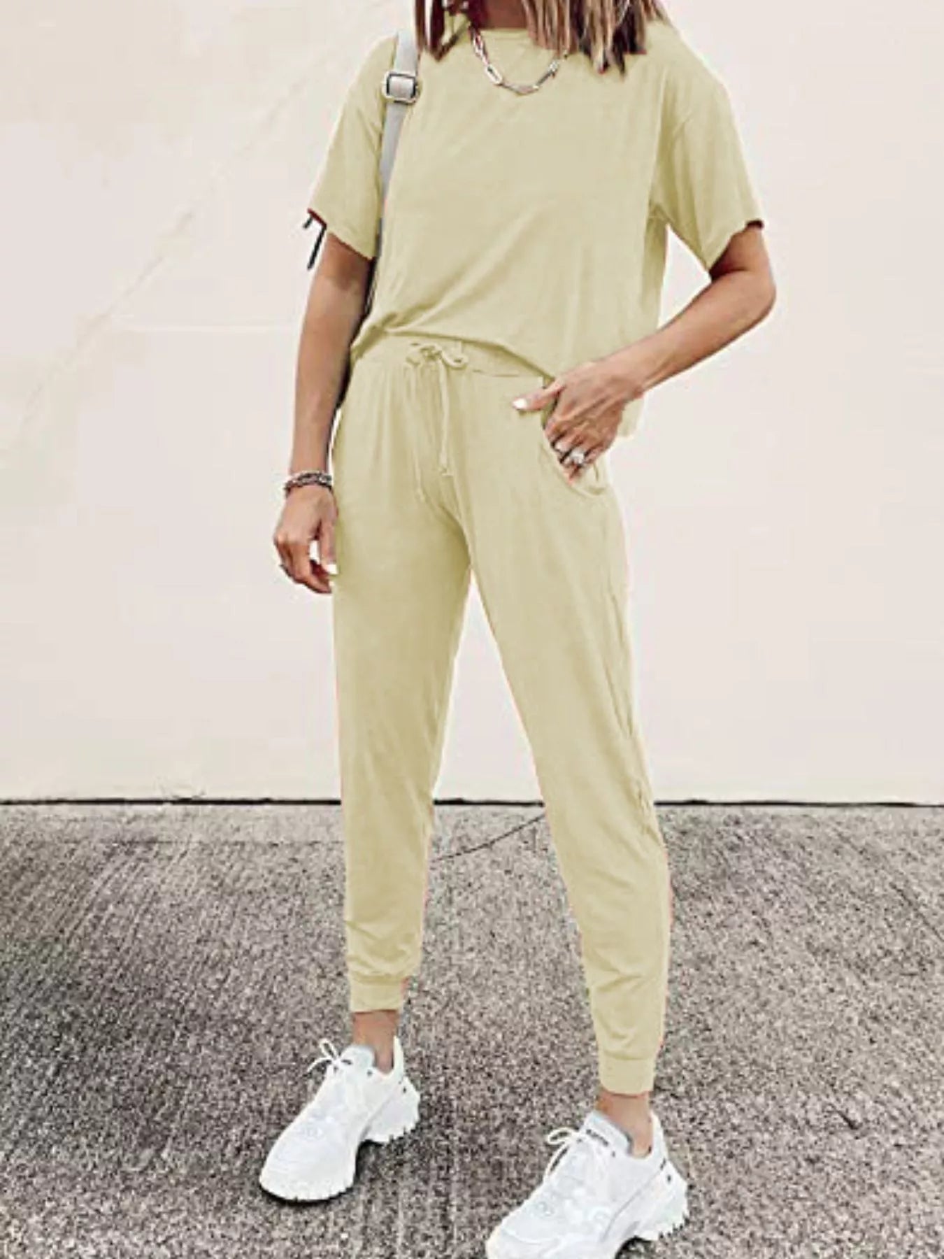 Full Size Round Neck Top and Drawstring Pants Set Plus Size