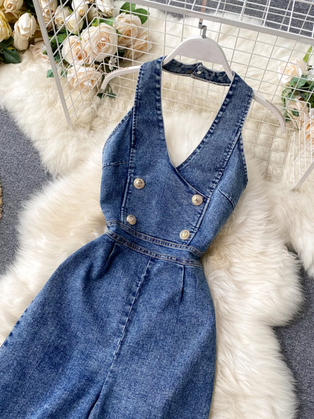 Halter Neck Wide Leg Denim Jumpsuit
