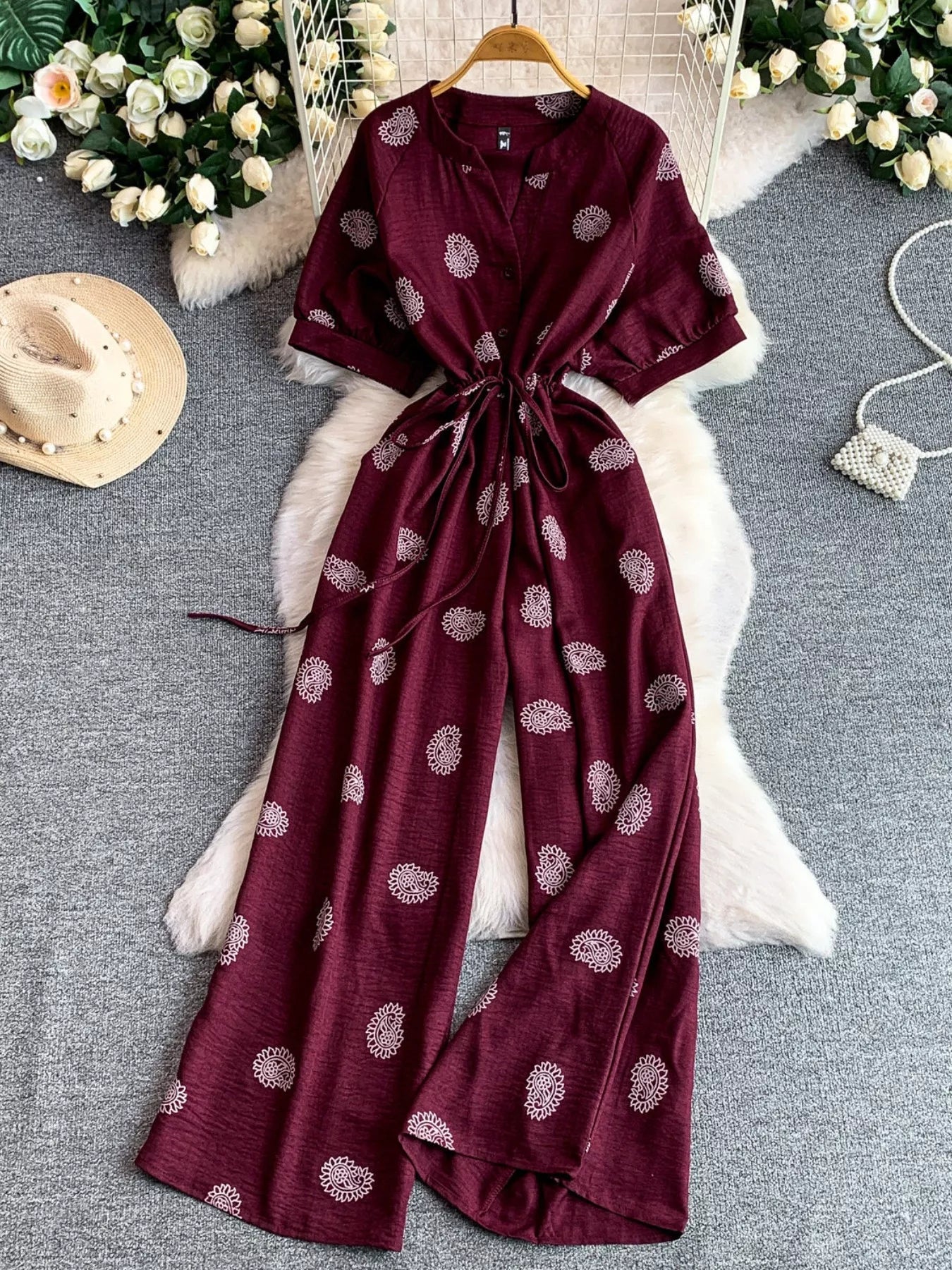 Printed Short Sleeve Wide Leg Jumpsuit