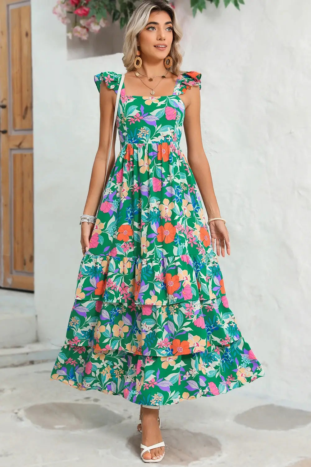 Pretty Little Patriot Pretty Little Patriot Floral Ruffle Green Tiered Maxi Dress — lifestyle worn / used context
