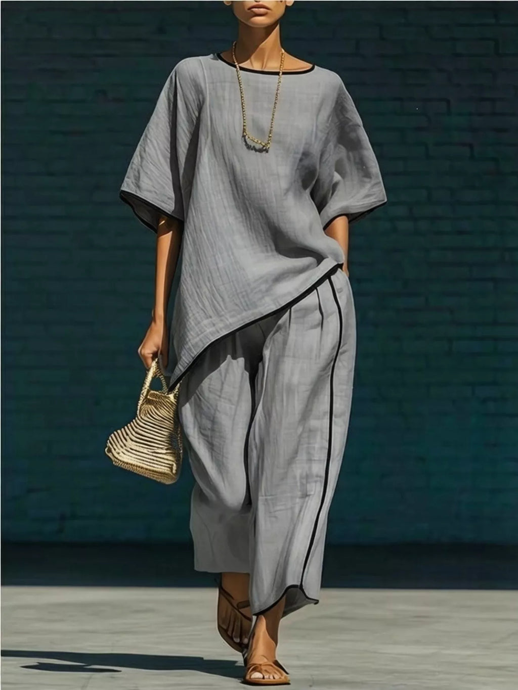 Full Size Contrast Trim Half Sleeve Top and Pants Set Plus Size