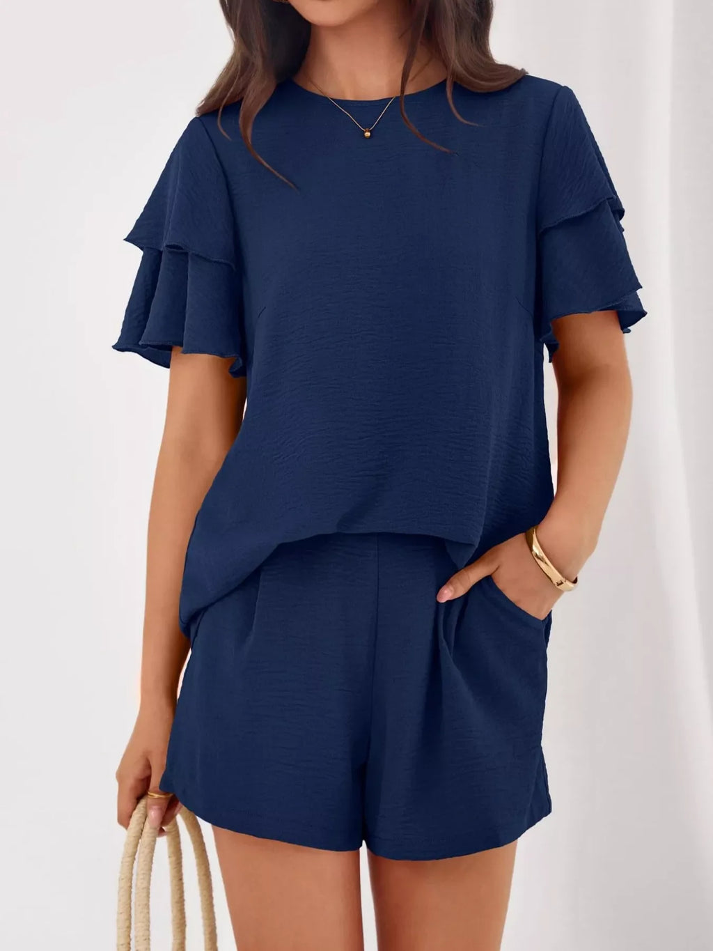 Ruffle Sleeve Top and Shorts Two-Piece Set