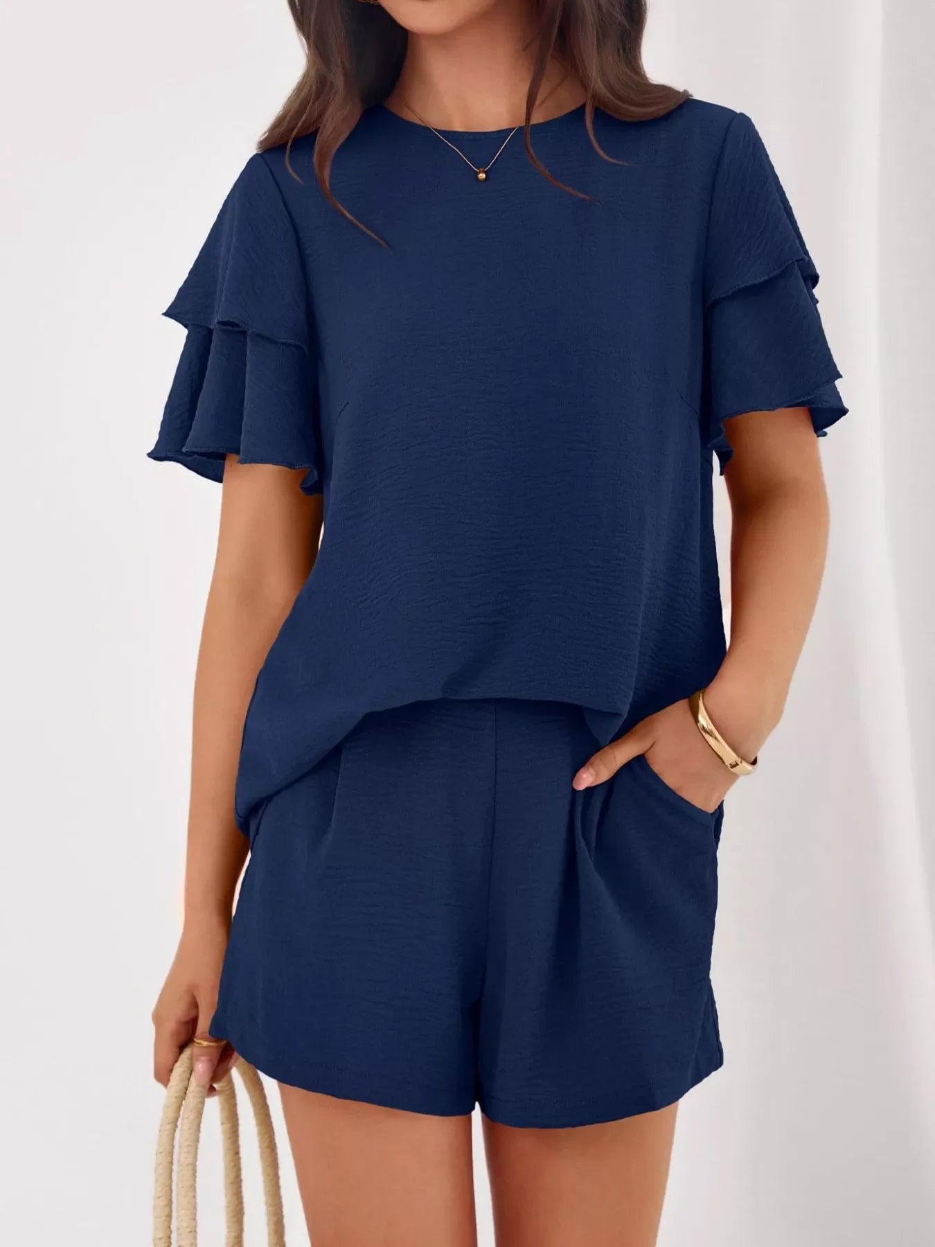 Ruffle Sleeve Top and Shorts Two-Piece Set