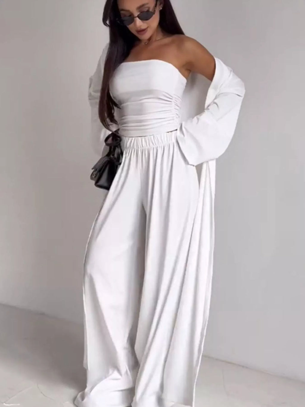 Tube Top & Cardigan & Wide Leg Pants 3-Piece Set