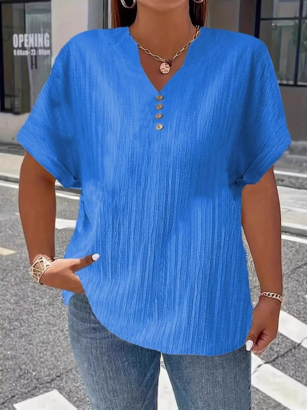 Plus Size Notched Short Sleeve Textured Top