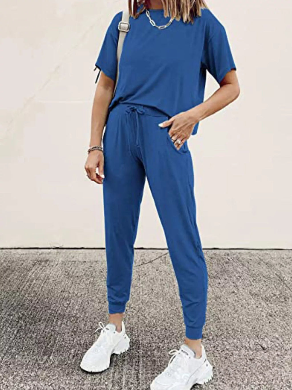 Full Size Round Neck Top and Drawstring Pants Set Plus Size