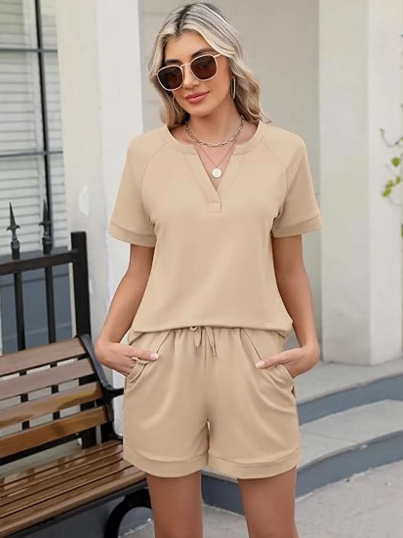 Solid Color Short Sleeve Top and Shorts Two-Piece Set