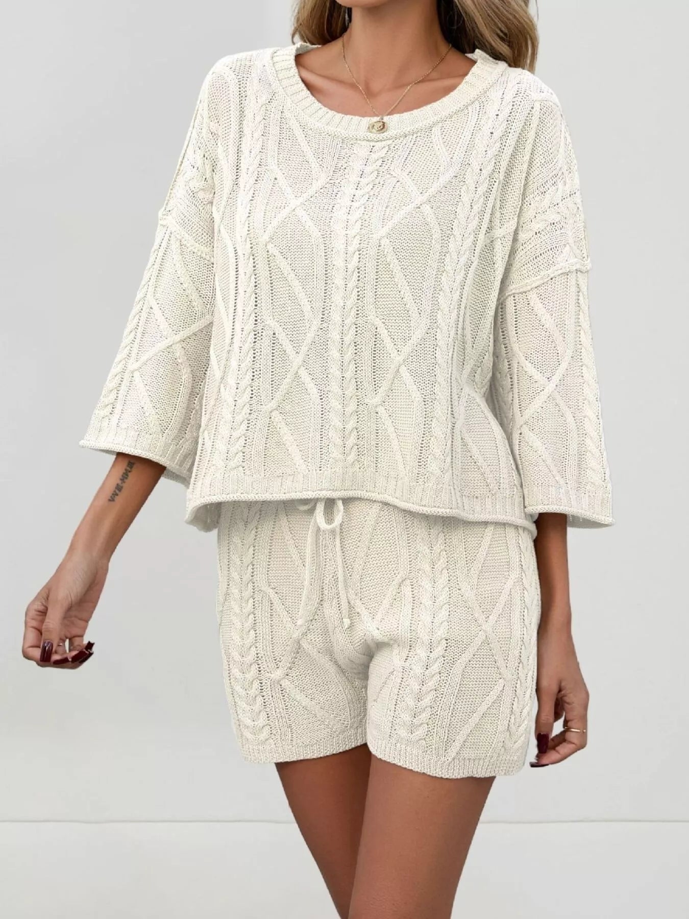 Cable Knit Round Neck Top and Shorts Sweater Set