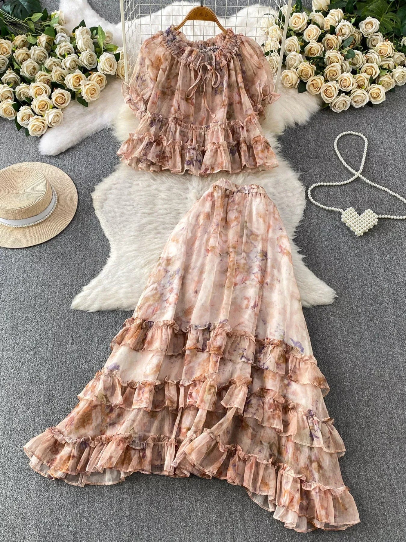 Floral Print Ruffle Hem Blouse and Skirt Set
