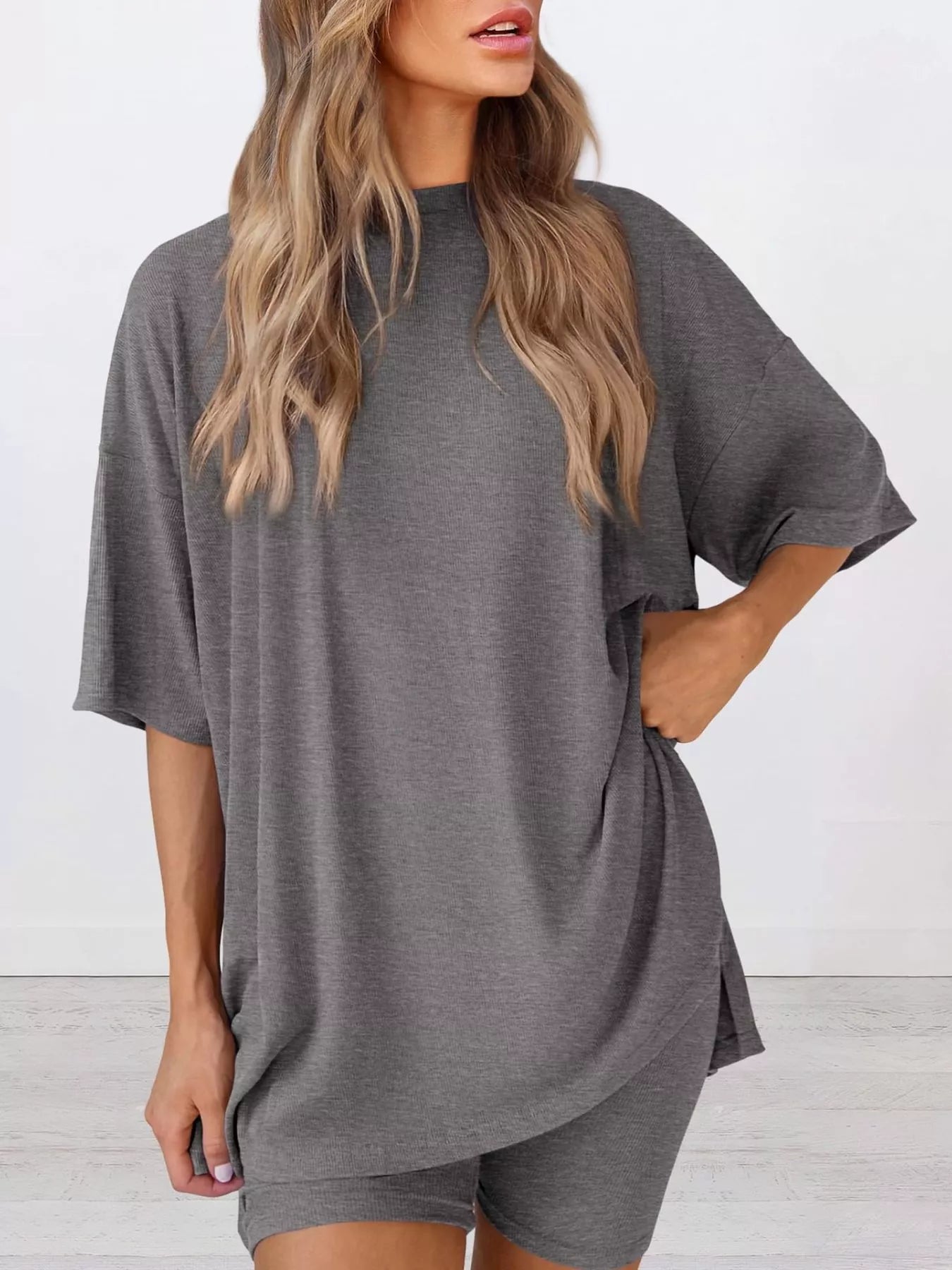 Full Size Relaxed Fit Round Neck Top and Shorts Two-Piece Set Plus Size