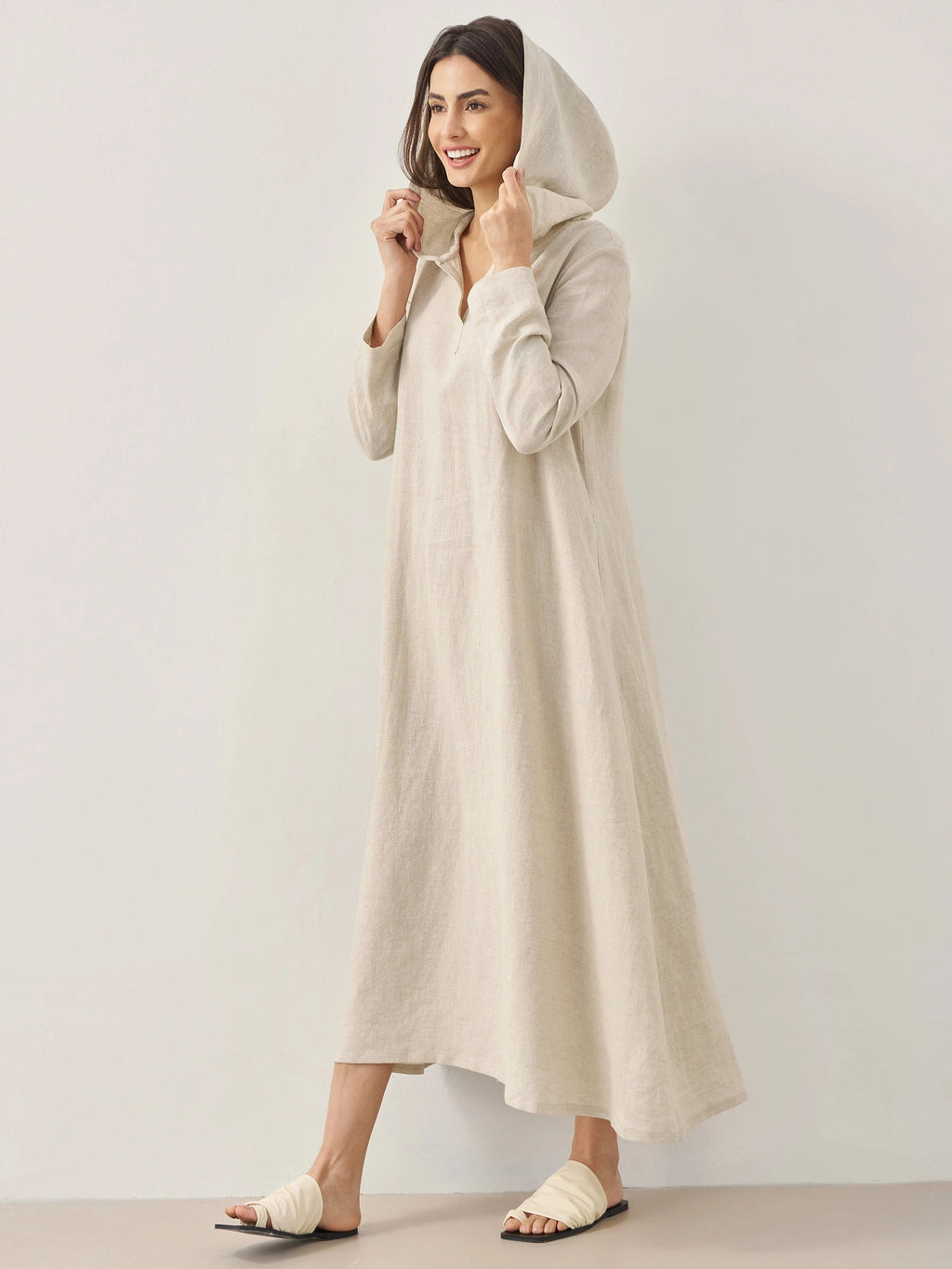 LINTICO 100% Linen Hooded Pullover Maxi Dress REBECCA — lifestyle worn / used context