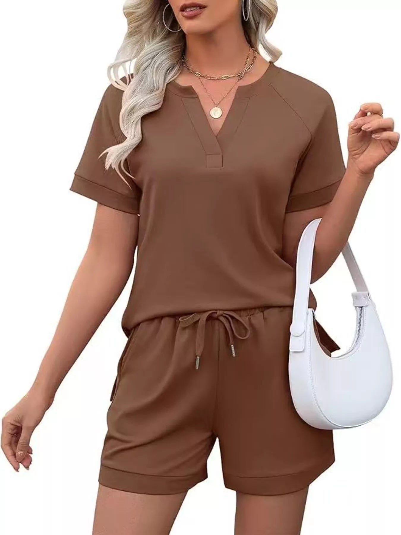Solid Color Short Sleeve Top and Shorts Two-Piece Set
