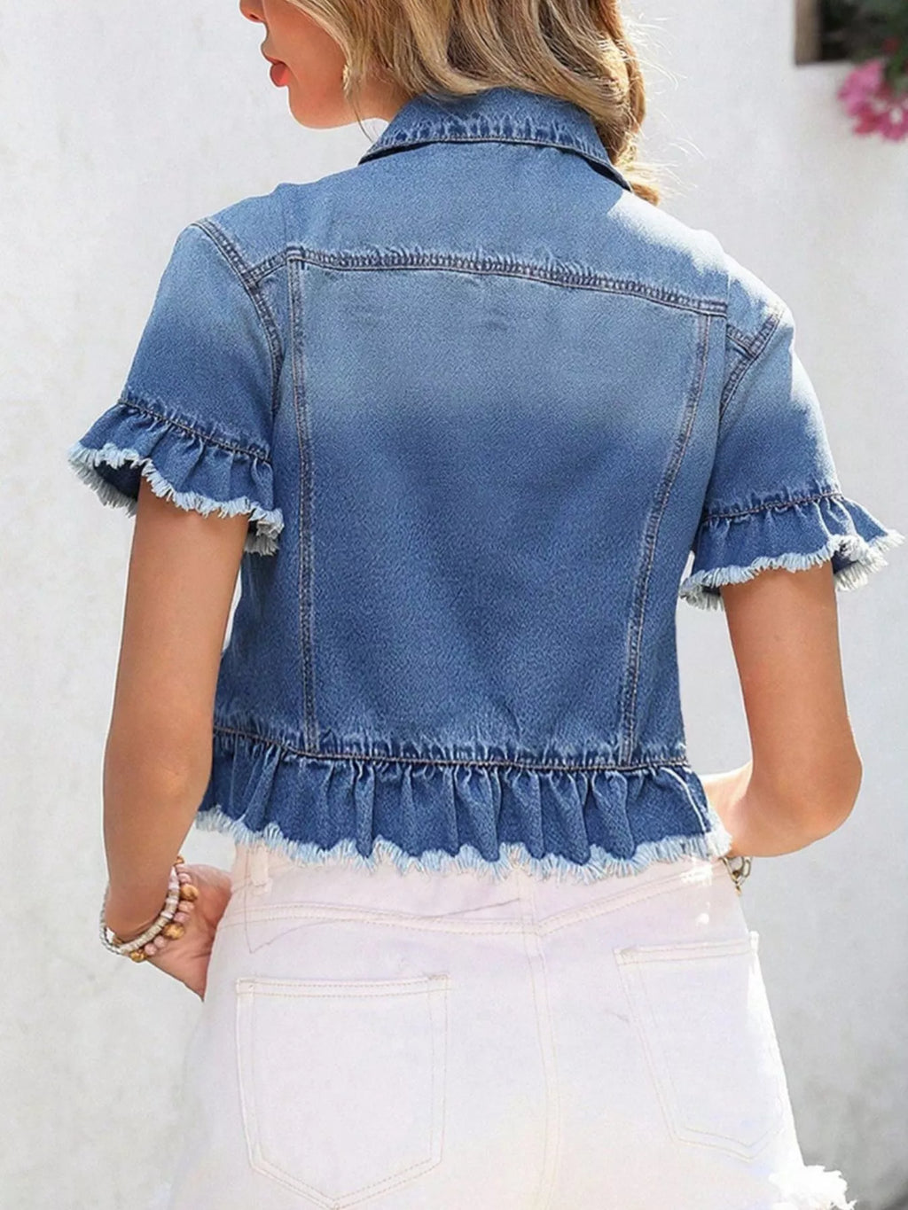 Ruffle Hem Short Sleeve Denim Jacket