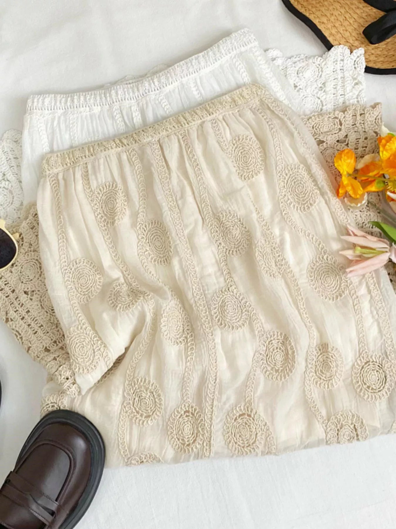 Lace Elastic Waist Midi Skirt