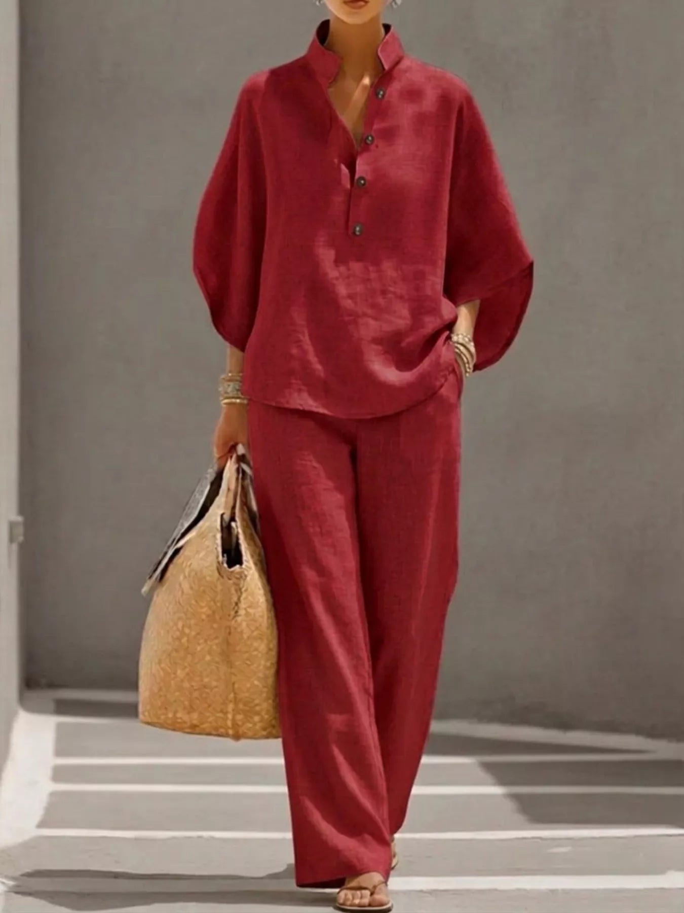 Full Size Button Detail 3/4 Sleeve Top and Pants Set Plus Size