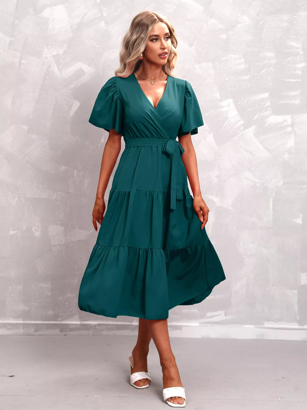Flutter Sleeve Tiered Midi Dress