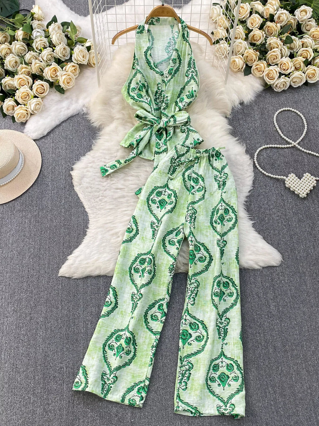Printed Sleeveless Top and Wide Leg Pants Set