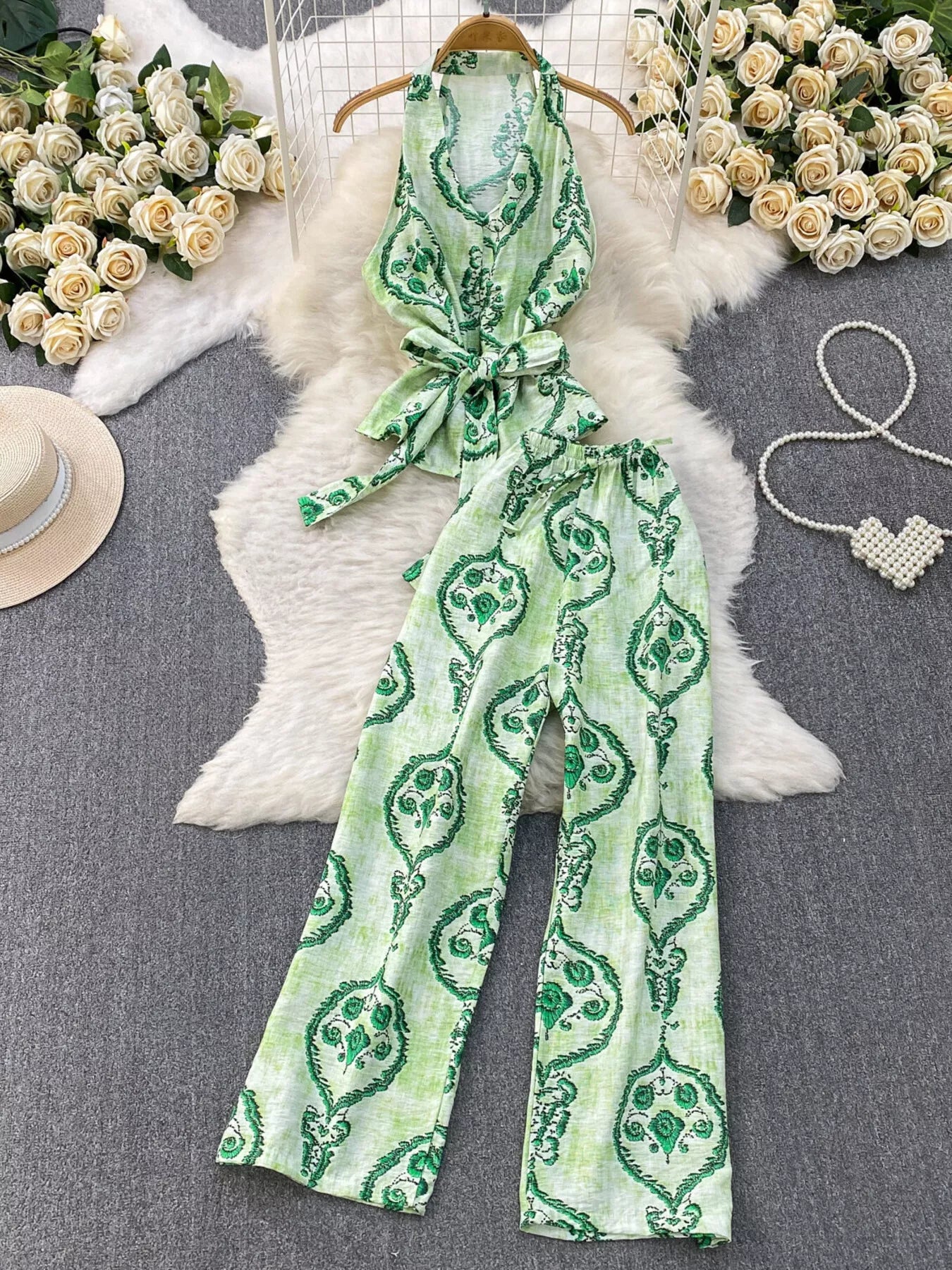 Printed Sleeveless Top and Wide Leg Pants Set
