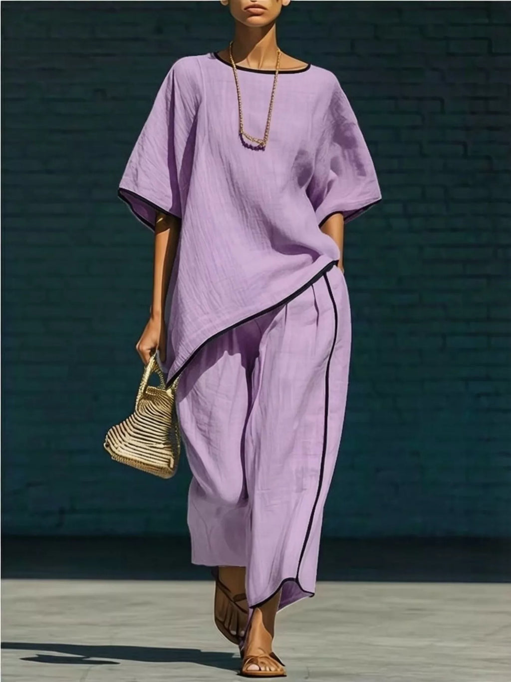 Contrast Trim Round Neck Top and Pants Set