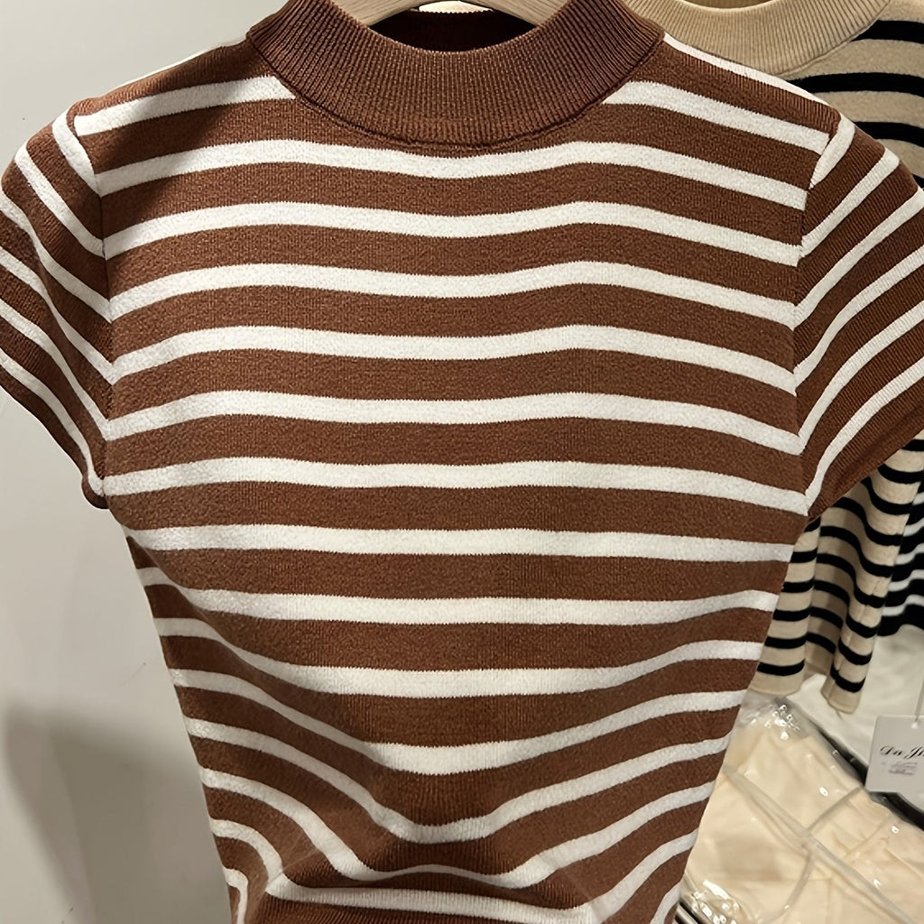 MyClosetAid Semi-High Neck Striped Short-Sleeved T-Shirt — feature highlight