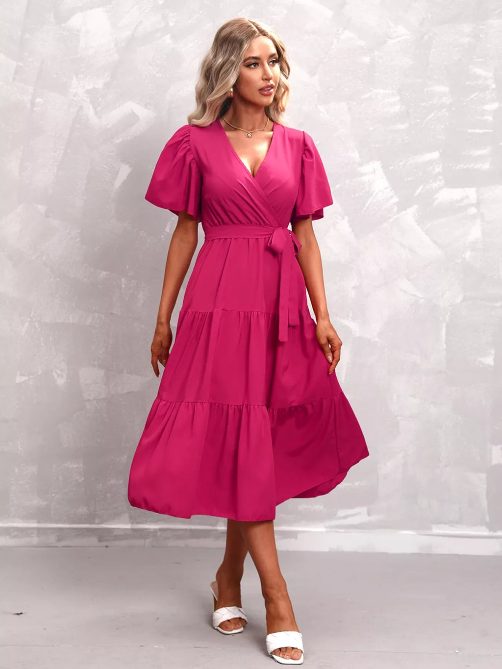 Flutter Sleeve Tiered Midi Dress