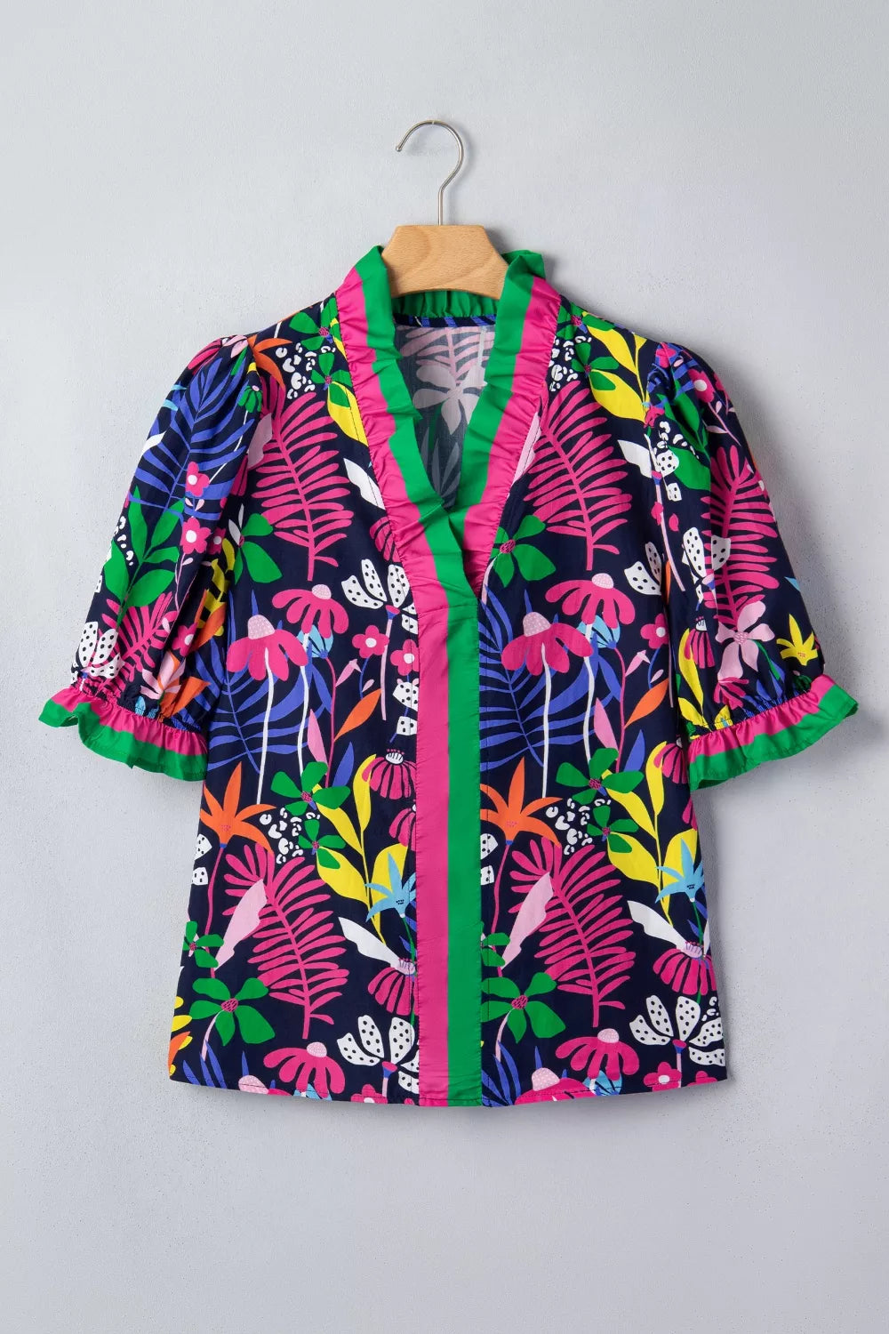 Floral Print Frilled Contrast Striped Trim V Neck Short Sleeve Blouse
