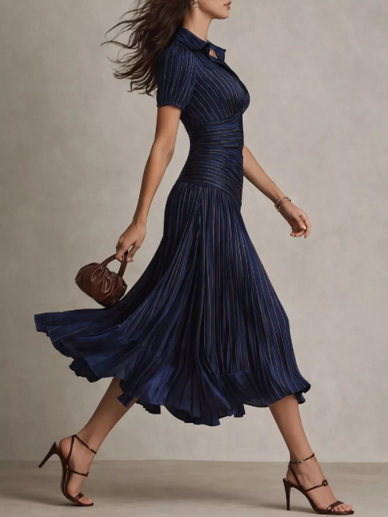 Ruched Pleated Short Sleeve Midi Dress