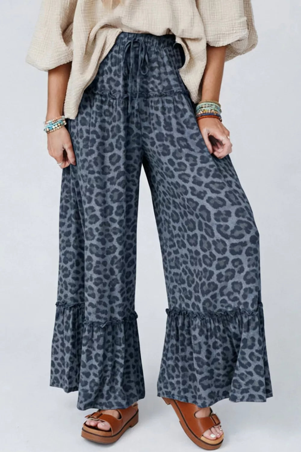 Leopard Print Frilled Detail Drawstring Wide Leg Pants