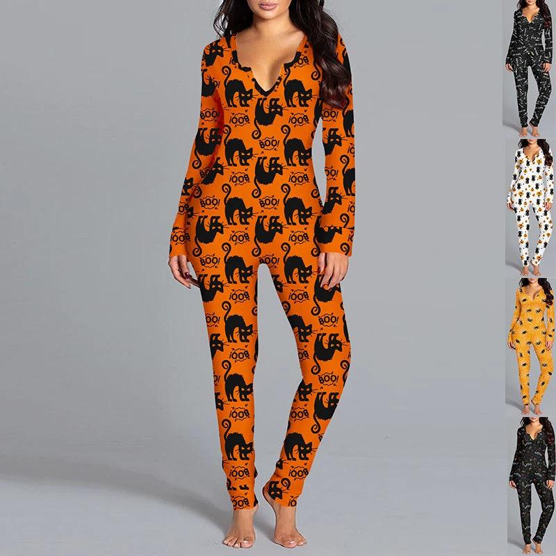 Halloween Printed Jumpsuit - Long Sleeve Home Pajamas