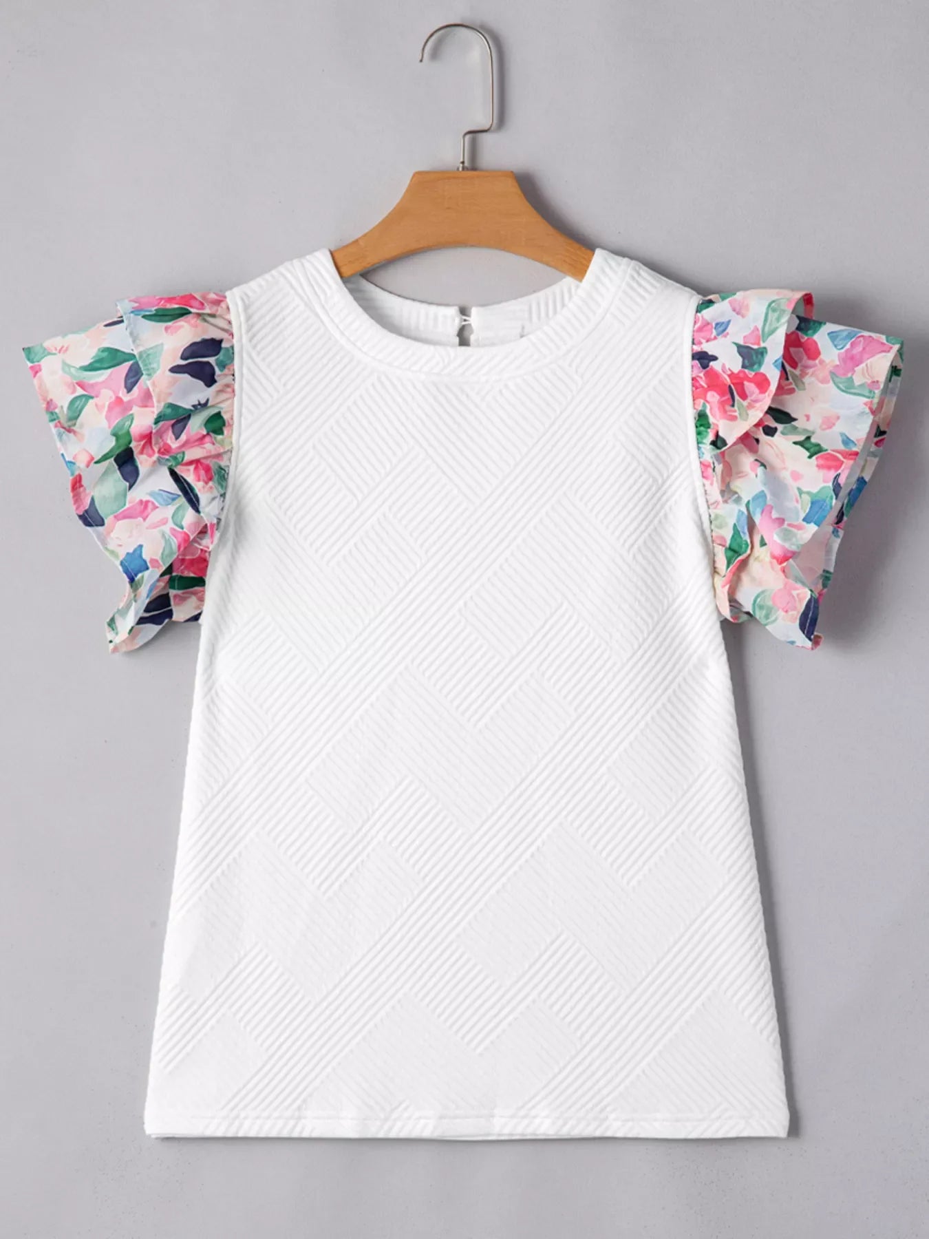 Abstract Print Tiered Ruffled Sleeve Textured Knit Top