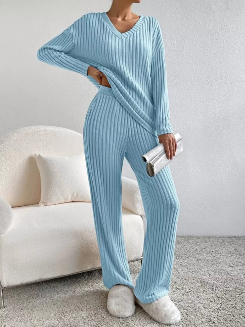 Ribbed Knit V-Neck Top and Pants Set